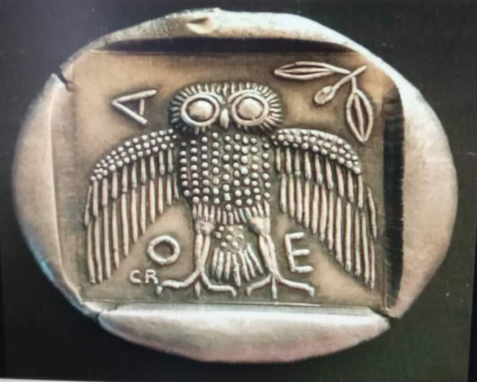 reproduction. coin 1 Decadrachme Tête d'Athéna casquée chouette reproduction en étain Attica Athens Decadrachme