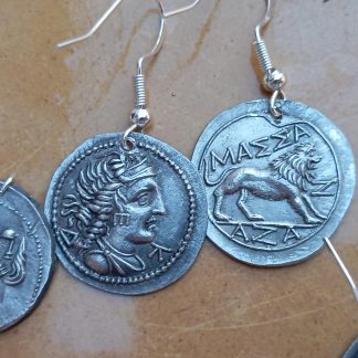 2 boucles d'oreilles reproductions de monnaie grecque antiques denarii monnaie coin Denarius DRACHME MARSEILLE MAZZA crochet argent 925