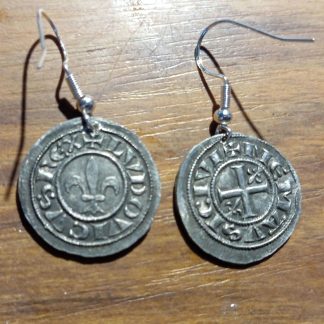 2 boucles d'oreilles Denier de Nîmes Saint Louis IX Templiers Croiser Croisé reproduction denarii monnaie coin crochet argent 925