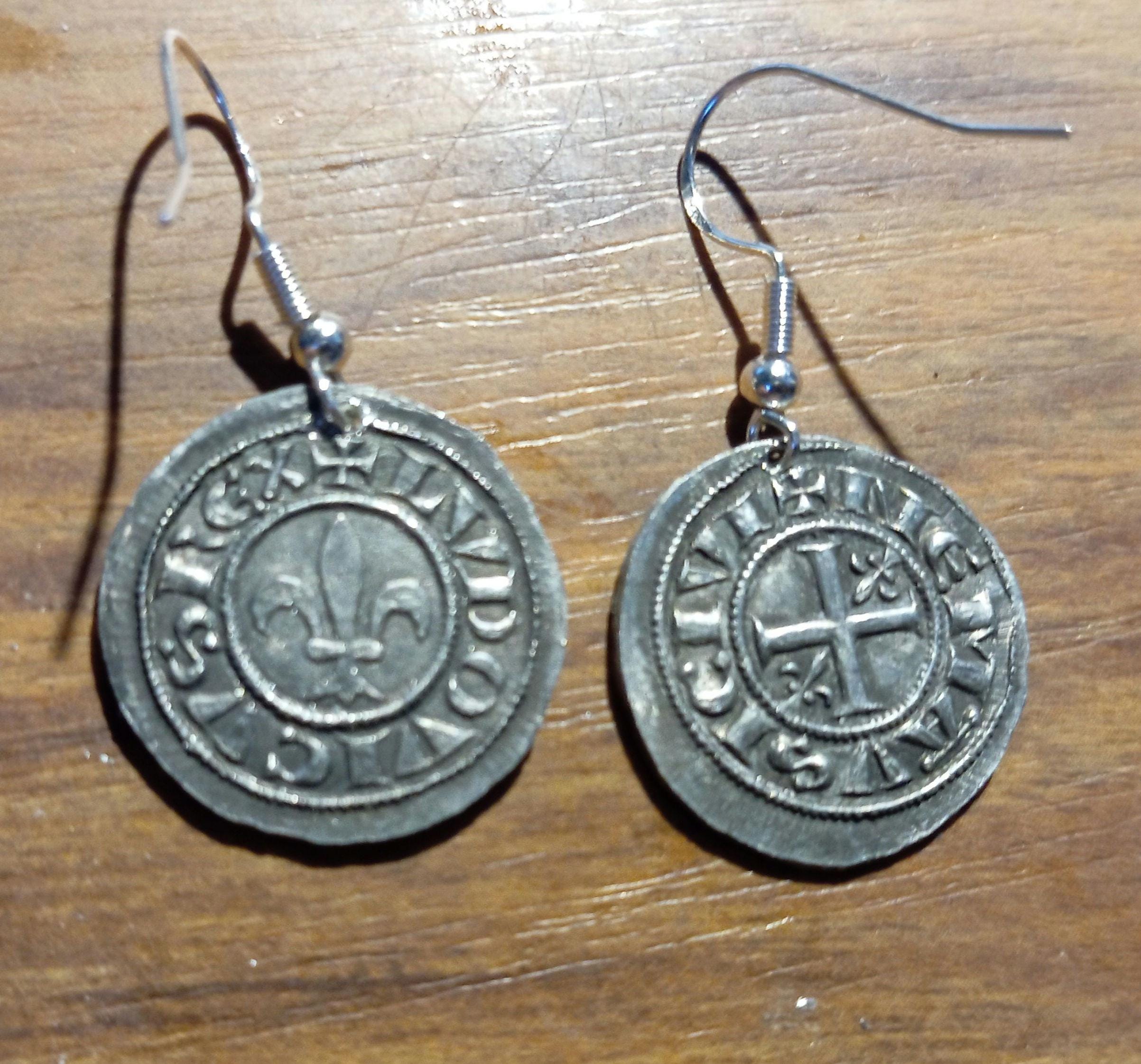 2 boucles d'oreilles Denier de Nîmes Saint Louis IX Templiers Croiser Croisé reproduction denarii monnaie coin crochet argent 925