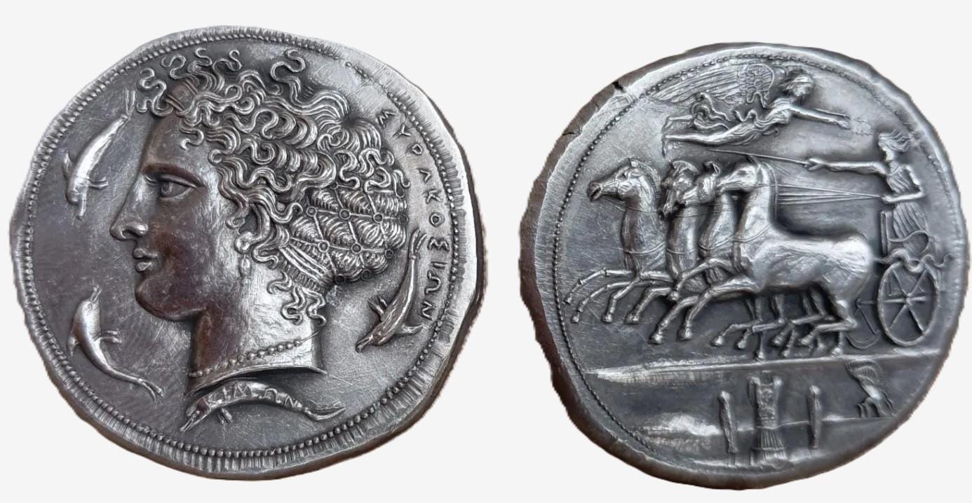 Reproduction Décadrachme Grec de Syracuse, Pièce d'Aréthuse Signée Kimon, Grèce Antique