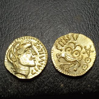 Reproduction monnaie gauloise – Senons GIAMILOS à l’oiseau – Bronze antique IIe-Ier s. av. J.-C. – Gravée main – Étamé doré – Made in France