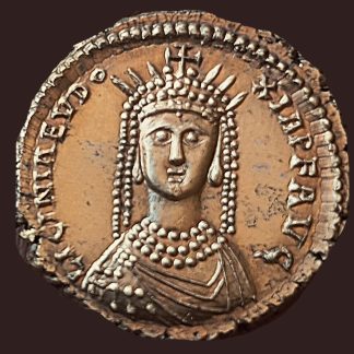 Reproduction de monnaie antique romaine – Solidus Licinia Eudoxia – gravée et frappée à la main – étain doré – art numismatique